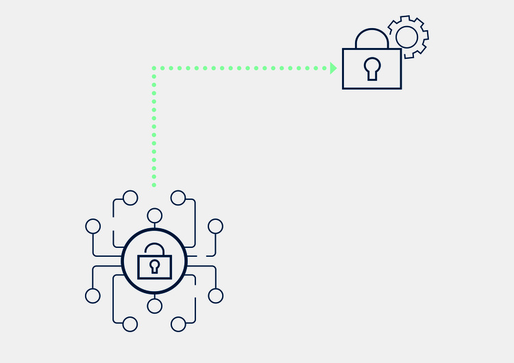 Schaubild zur IT-Sicherheit in der Gebäudetechnik: Vorhängeschloss, vernetzte Knoten, Zahnradsymbol für Systemeinstellungen und Konfiguration.