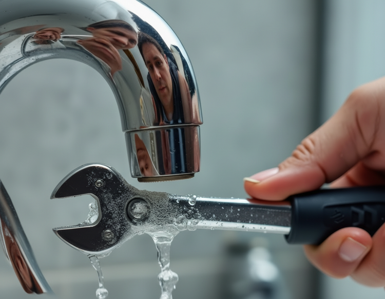 Fachkraft repariert undichtes Waschbeckenventil mit Schlüssel, Wasser tropft - Fokus auf fachgerechte Sanitärinstallation in der Gebäudetechnik.