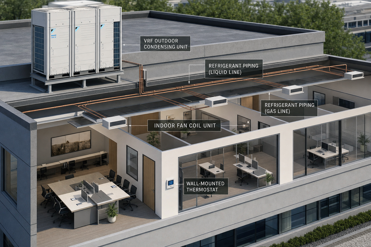 Schnittdarstellung eines Gebäudes mit beschrifteten Komponenten und Rohrleitungen eines VRF-Klimasystems auf dem Dach und in den Büroräumen.