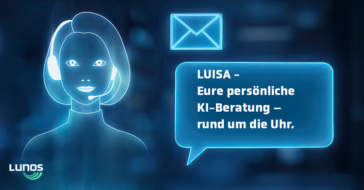 Digitale Grafik: Hologramm-Fachberaterin mit Headset, E-Mail-Symbol und Hinweis auf 24/7 KI-Beratung "LUISA" von LUNOS für Gebäudetechnikprofis.