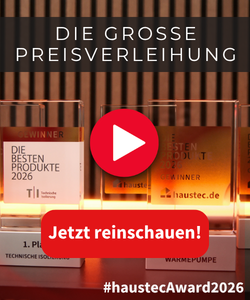 Stadtansicht mit Fluss und Brücken, Werbebanner zur Teilnahme an einer Gebäudetechnik-Umfrage; roter "Jetzt abstimmen!"-Button für Fachpublikum.