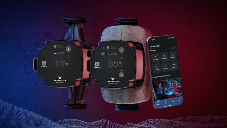 Zwei Grundfos-Pumpen neben einem Smartphone mit einer App zur Pumpensteuerung, vor einem roten und blauen Farbverlauf – im Fokus stehen intelligente Gebäudetechnik-Lösungen.