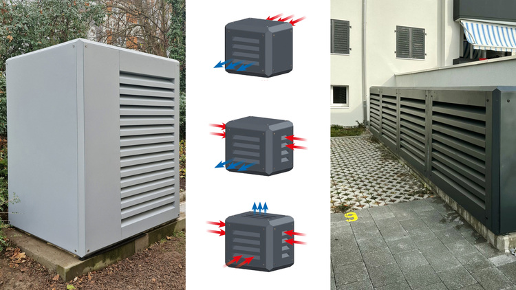 Zwei Fotos moderner Wärmepumpen-Außengeräte, daneben ein Diagramm mit farbigen Pfeilen zur Darstellung von Luftführung und Funktionsweise.