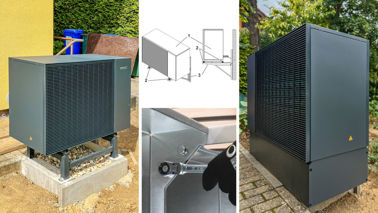 Außenaufgestellte Wärmepumpe: Gesamtansicht, schematische Installationszeichnung, Detailaufnahme der Montage - relevante Technik für Gebäudetechnik-Profis.