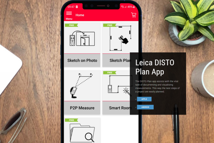 Auf einem Smartphone ist die Startseite der Leica DISTO Plan App mit digitalen Messfunktionen für präzise Gebäudeaufmaße in der Gebäudetechnik zu sehen.