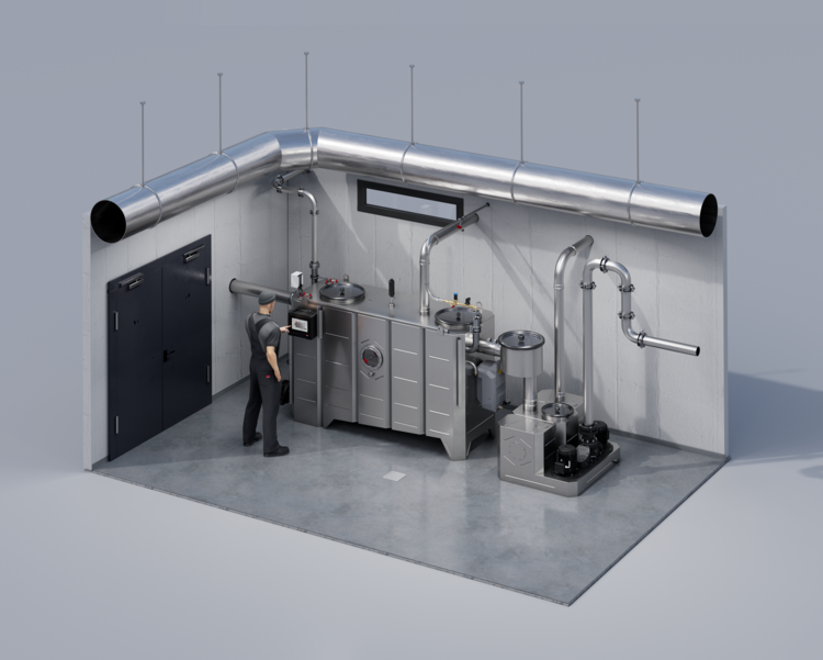 Ein Facharbeiter bedient eine Heizungs- oder Klimatechnik-Anlage mit Metallrohren in einer modernen, sauberen TGA-Werkhalle.