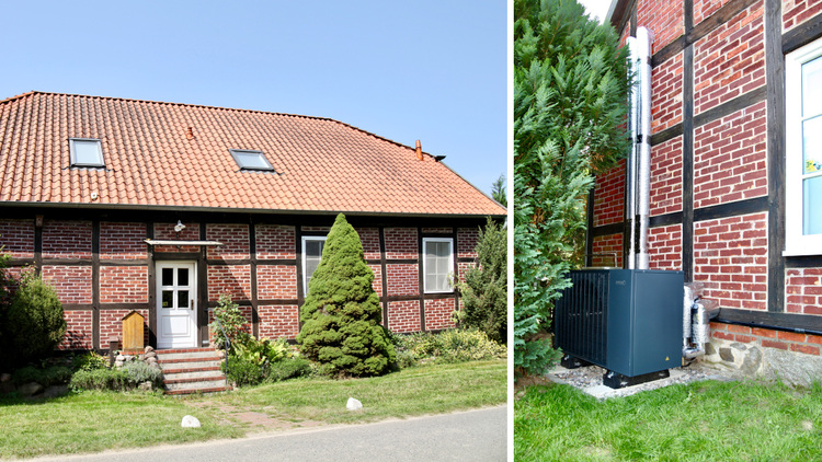 Eine außen installierte Luft-Wasser-Wärmepumpe an einem Klinkerwohnhaus mit rotem Dach veranschaulicht die Integration moderner Heiztechnik in ein Bestandsgebäude.