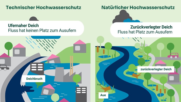 Zwei nebeneinander gestellte Abbildungen: Technischer Hochwasserschutz mit Deichen (links) und naturnaher Hochwasserschutz (rechts), Flussverläufe beschriftet.