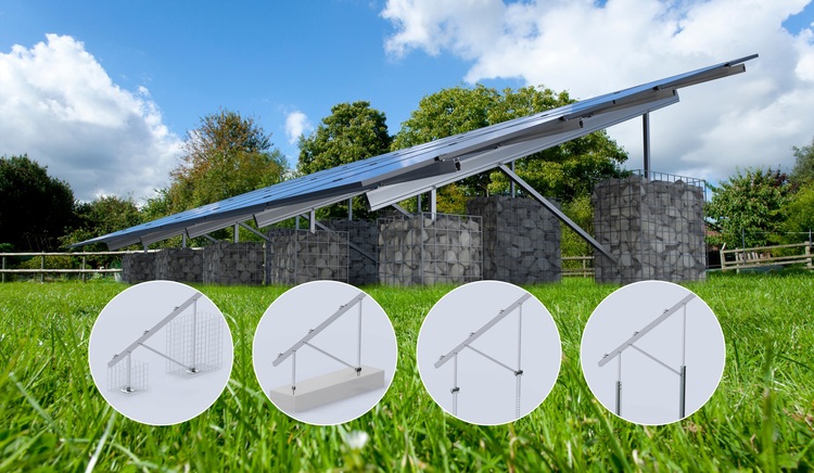 Photovoltaikmodule auf Steinsockeln mit vier Detailansichten verschiedener Metall-Montagesysteme für die Gebäudetechnik.