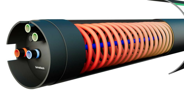 Schnittdarstellung eines Rohrsystems mit einer orangefarbenen Spirale und mehreren farbigen Innenleitungen zur Medienführung in der Gebäudetechnik.