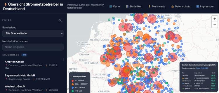 Deutschlandkarte mit markierten Standorten regionaler Stromnetzbetreiber; links befindet sich ein Filtermenü zur gezielten Branchensuche.