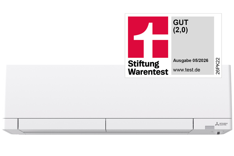 Wandklimaanlage von Mitsubishi mit der Bewertung „GUT (2,0)“ von Stiftung Warentest, relevant für Entscheidungsträger im Bereich Sanitär-, Heizungs- und Klimatechnik sowie Gebäudetechnik.