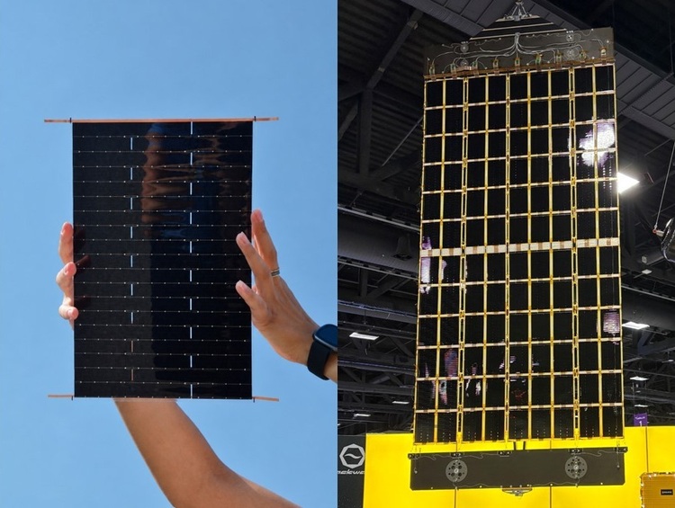Vergleich: Eine Hand hält ein kompaktes Solarmodul, daneben ein großes PV-Modul für den Einsatz an Gebäuden auf einer Fachmesse, Schwerpunkt auf Energieeffizienz.