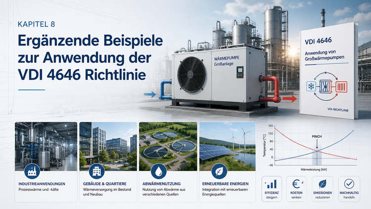 Außenaufstellung einer großen Wärmepumpe vor Industriegebäuden, Solarmodulen und Wohnhäusern zur Veranschaulichung der Anwendungsmöglichkeiten gemäß VDI 4646.