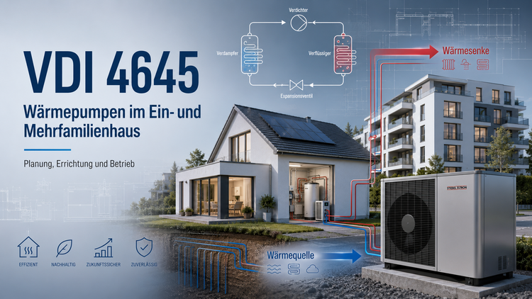 Abbildung: Schematische Darstellung eines Ein- und Mehrfamilienhauses mit Wärmepumpensystem gemäß VDI 4645.