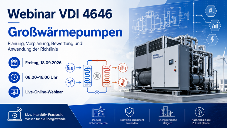 Webinar-Ankündigung „VDI 4646 Großwärmepumpen“ mit Terminangaben, Branchensymbolen und einem technischen Foto einer industriellen Wärmepumpe.
