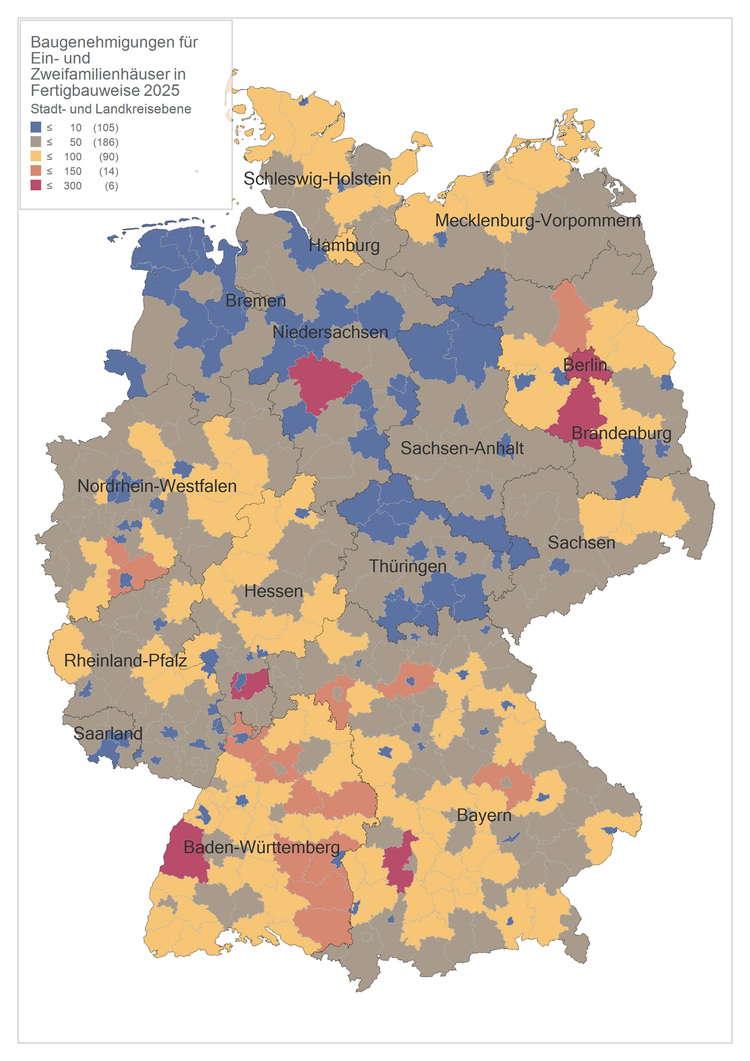 Deutschlandkarte 2025: Nach Regionen farblich differenzierte Baugenehmigungen – Relevanz für TGA-, SHK-Betriebe und Investoren.