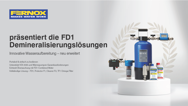Fernox FD1 Vollentsalzungssystem mit Komponenten, deutschsprachiger Beschriftung und Fernox-Logo – geeignet für die Gebäudetechnik.