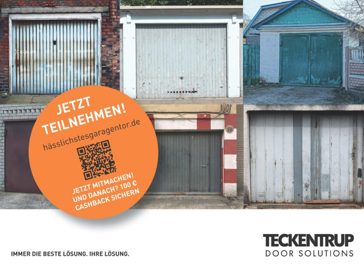Sechs Garagentore in unterschiedlichem Alter, jeweils in verschiedenen Farben, mit orangefarbener Werbegrafik – Symbolbild für die Sanierung der Gebäudetechnik.