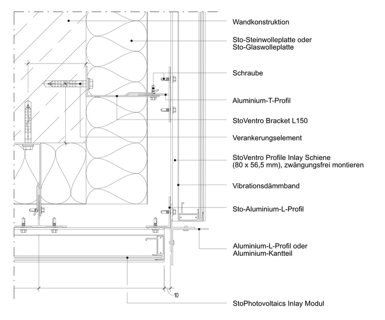 Detaillierte Wandquerschnittszeichnung mit beschrifteten Bauteilen: Dämmung, Halterung, Schrauben, Aluminiumprofilen und PV-Einlegemodul.