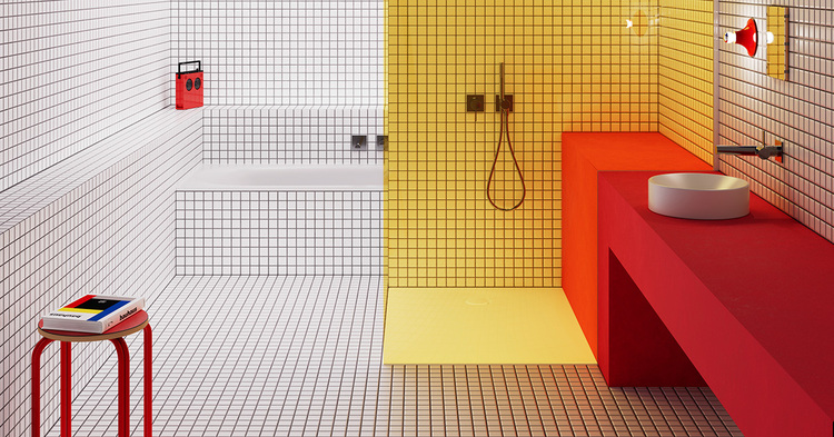 Barrierefreie Sanitäranlage: Modernes Badezimmer mit farbigen Fliesen, Waschbecken und barrierefreiem Hocker – ein Beispiel für innovative Gebäudetechnik.