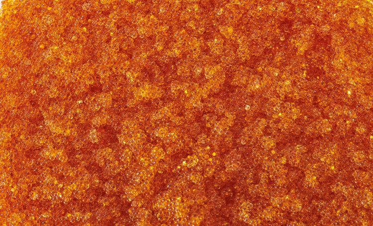 Makroaufnahme von orangefarbenen Kügelchen, die beispielhaft für innovative Dämmstoffe im Bereich Gebäudehülle und Energieeffizienz stehen.