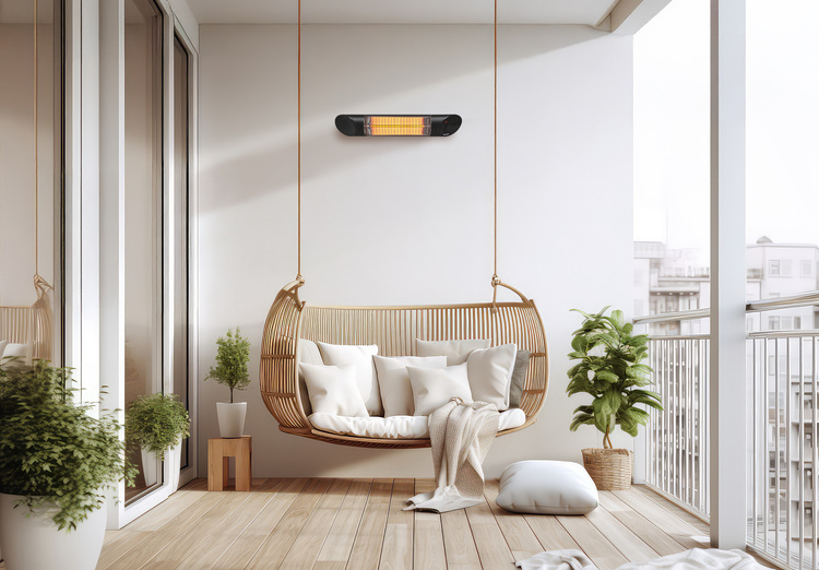 Balkon mit hängendem Rattansessel, elektrischer Wandheizung und Begrünung als Beispiel für energieeffiziente Außenbereiche in der Gebäudetechnik.