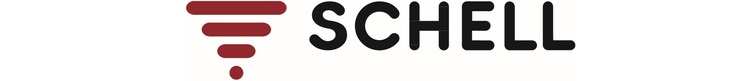Schell-Firmenlogo: Drei rote Balken als stilisierter Trichter, daneben „SCHELL“ in schwarzer Schrift – Hersteller von Gebäudetechnik-Lösungen.