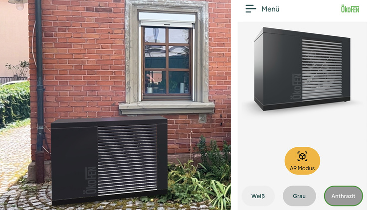 Schwarze Wärmepumpe vor einer Klinkerfassade, daneben ein Smartphone mit einem digitalen Modell – im Fokus stehen moderne Heiztechnik und Vernetzung.