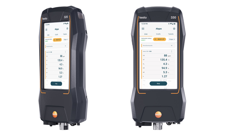 Zwei tragbare Testo-Messgeräte mit Display zur Klima- und Heizungsüberwachung, geeignet für Fachleute im Bereich Gebäudetechnik.