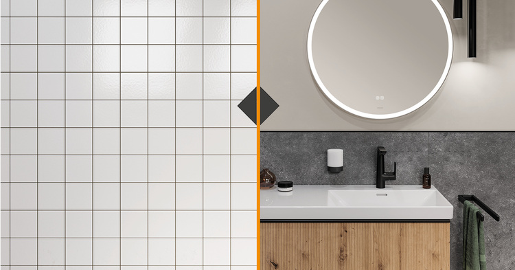 Vergleich: Links klassische weiße Fliesen, rechts ein modernes Badezimmer mit beleuchtetem Rundspiegel und Unterschrank – Trends in der Sanitärtechnik.