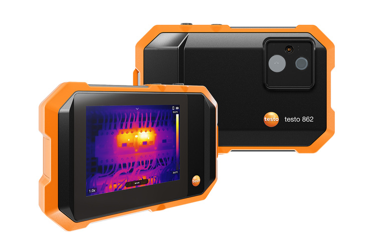Zwei mobile Wärmebildkameras für die Gebäudetechnik, eine mit Wärmebildanzeige, eine zeigt die Rückseite; ideal für SHK-Fachkräfte und TGA-Planer.