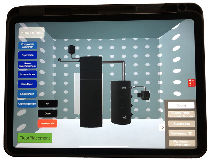 Das Tablet zeigt ein 3D-Modell eines Technikraums mit gebäudetechnischer Ausstattung und deutschsprachigen Bedienelementen für die SHK-Planung.