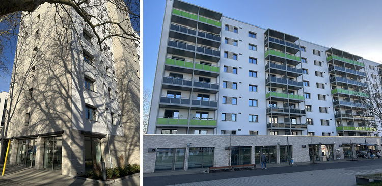 Zwei Ansichten eines modernen Mehrfamilienhauses mit Balkonen, Gewerbeflächen im Erdgeschoss, geeignet für energieeffiziente Haustechniklösungen.