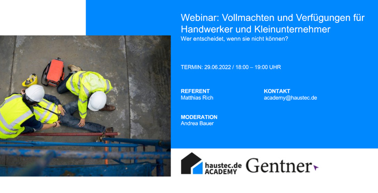 Zwei Handwerker in Warnwesten leisten Erste Hilfe; daneben Informationen zu einem Webinar über Arbeitssicherheit im Sanitär-, Heizungs- und Klimabereich auf blauem Hintergrund.