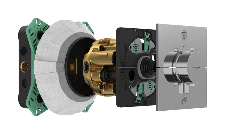 Explosionsdarstellung des Unterputz-Installationssets für Hansgrohe-Thermostat-Duscharmaturen.