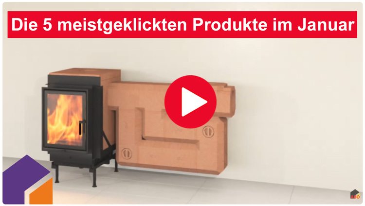 Holzofen neben einer Ziegelwand, Überlagerungstext „Die 5 meistgeklickten Produkte im Januar“, Play-Button – Produkttrends für die Gebäudetechnik.