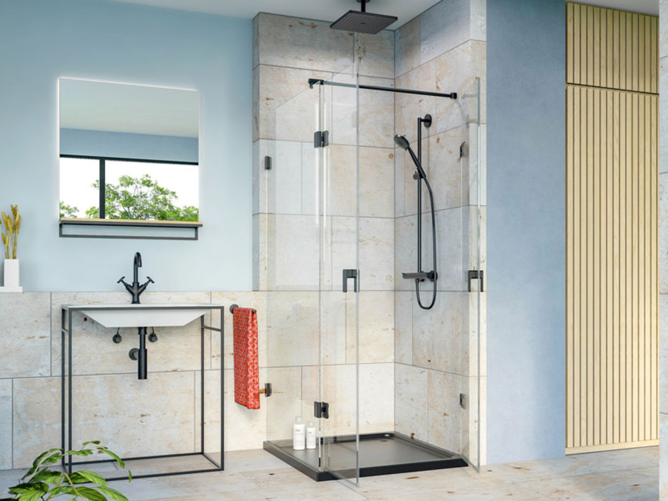 Glassdouche: Design-Beschläge "Augustina" in matt-schwarz Glassdouche: Design-Beschläge "Augustina" in matt-schwarz