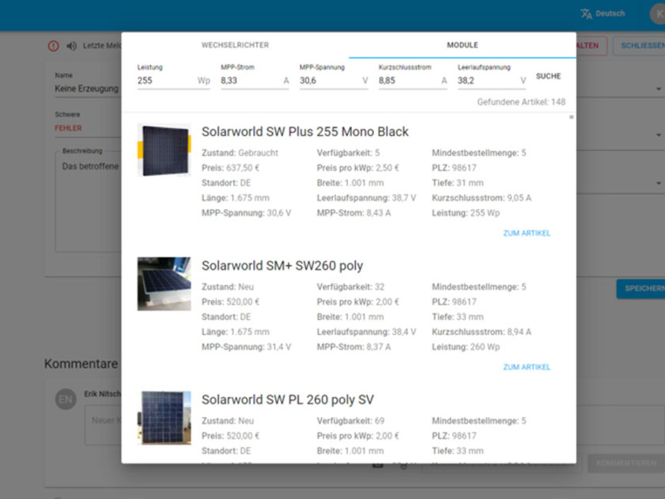 PV-Ersatzteilsuche über das Monitoringsystem von Ampere Cloud