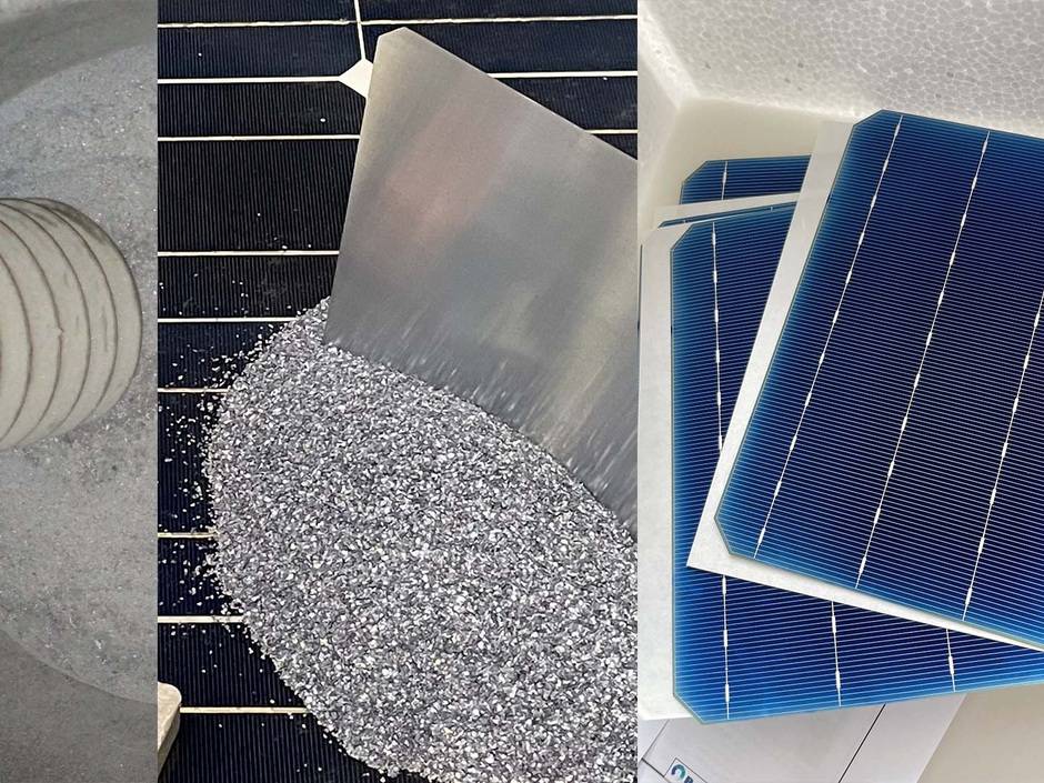 Nebenprodukte des Aufbereitungsprozesses bei der Reiling GmbH, aus denen die Solarzellenbruchstücke abgetrennt und gesammelt werden (links). Gereinigtes Silizium und Wafer aus zu 100% recyceltem Silizium. (Mitte). PERC-Solarzellen aus zu 100% recyceltem Silizium mit einem Wirkungsgrad von 19,7 Prozent. (rechts).