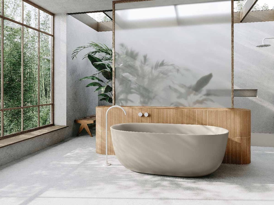 Kaldewei Oyo Duo in Grau in einem Badezimmer stehend