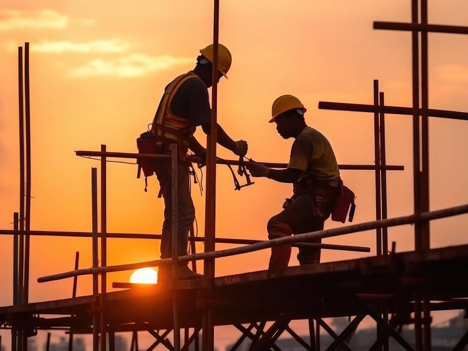 Bauarbeiter auf einer Baustelle im Abendrot