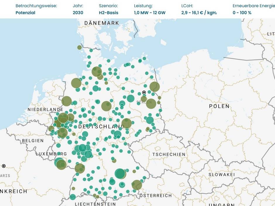 Der Wasserstoffatlas zeigt räumlich aufgelöst geeignete Standorte für die Produktion und Nutzung von Wasserstoff und seinen Koppelprodukten Sauerstoff und Wärme auf.