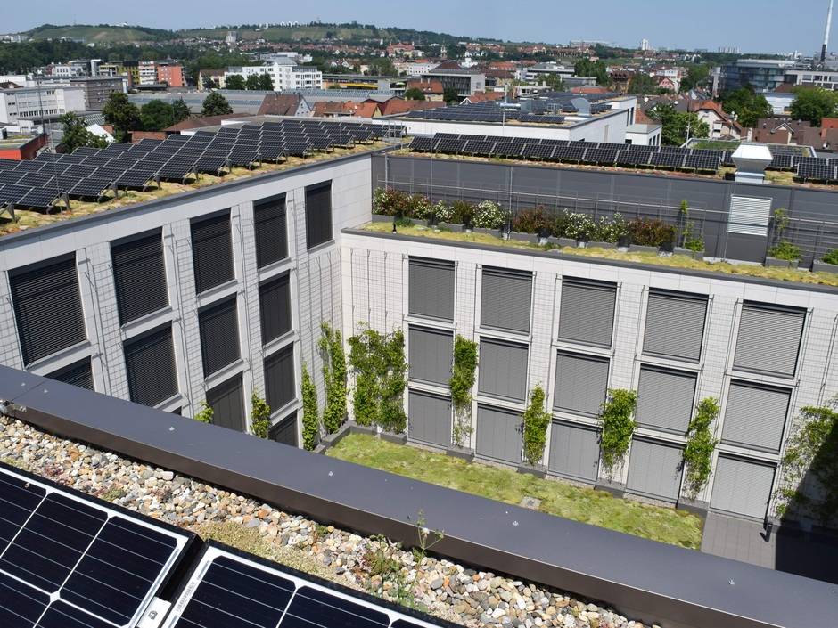 Begrünte Dächer und Fassaden verbessern das energetische Verhalten von Gebäuden.