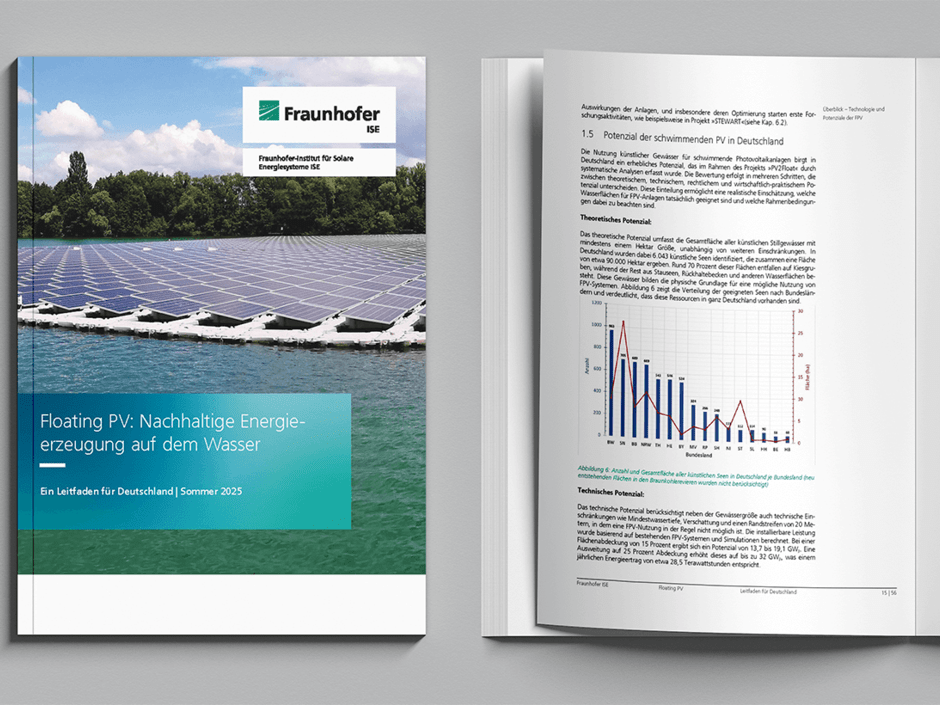Cover und Innenansicht des neuen Leitfadens für Floating-PV.