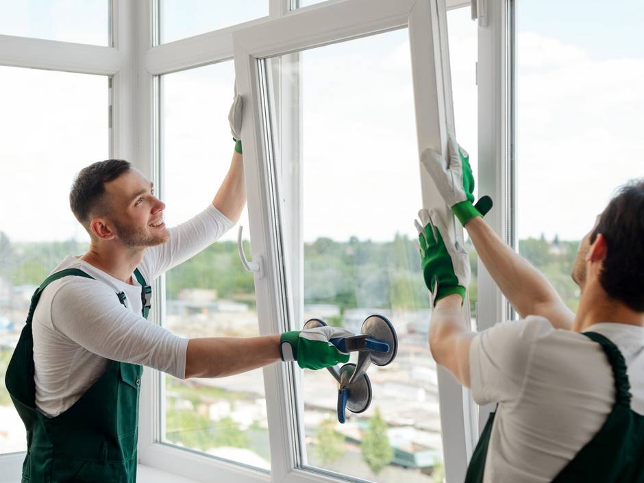 Handwerker bauen ein Fenster ein.