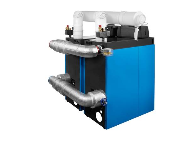 Die werksseitig vorkonfektionierte Zweikessel-Kaskade beinhaltet alle erforderlichen Bauteile für einen schnellen Aufbau bis zur Wärmeübergabe an das System. 