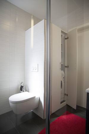 So findet sich hier oberhalb der Waschmaschine sogar noch Platz für ein Regal.