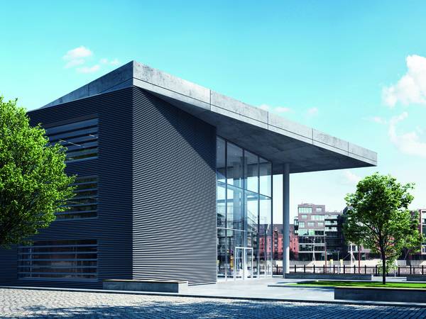 Schüco C- und Z-Lamellen ALB in der Ausführung als Witterungschutz für die großflächige Wandgestaltung.