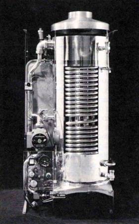 Mit Designanspruch! Der Hydromotrix Wand-Gaskessel aus Kupfer (Typ WSK für Heizung und Warmwasser) von Frisquet sorgte mit seinem Äußeren für Aufsehen. Die SBZ urteilte: "Nicht nur Damen bleiben angesichs des eleganten Designs davor stehen."